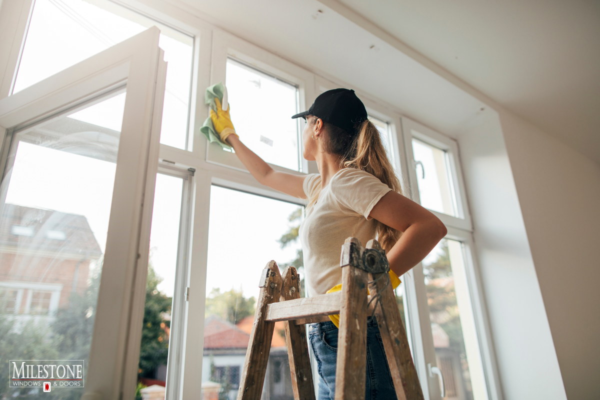 Interior Window Cleaning Tips for a Clear View in Every Room Image of a woman on a ladder cleaning windows from inside the house.