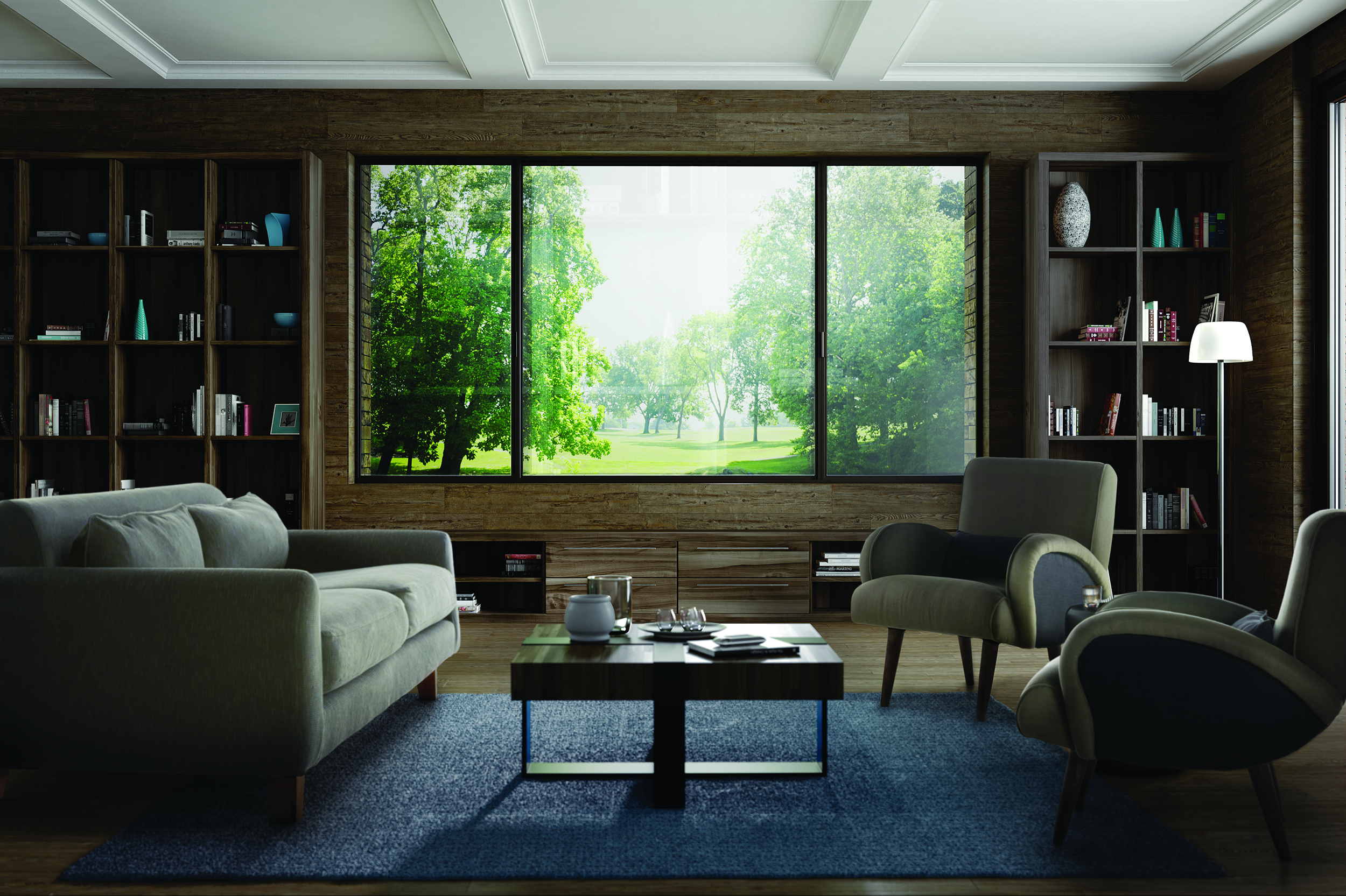 Aluminum Sliding Windows: A Sleek and Efficient Home Upgrade Interior view of a luxurious modern home living room with a large aluminum sliding window and view of a green field in the background.
