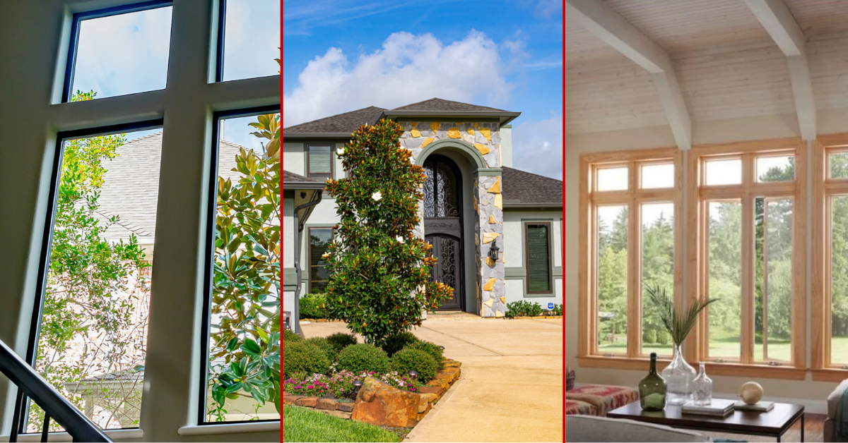 Window Frame Materials Guide for Homeowners Collage showing home exteriors and interiors: left window view with greenery, center front of a stone house, right sunlit living room with large windows and greenery outside.
